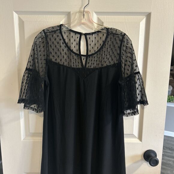 WOMENS SIZE MEDIUM BLACK MESH TRIM BELL SLEEVE DRESS - Picture 5 of 10